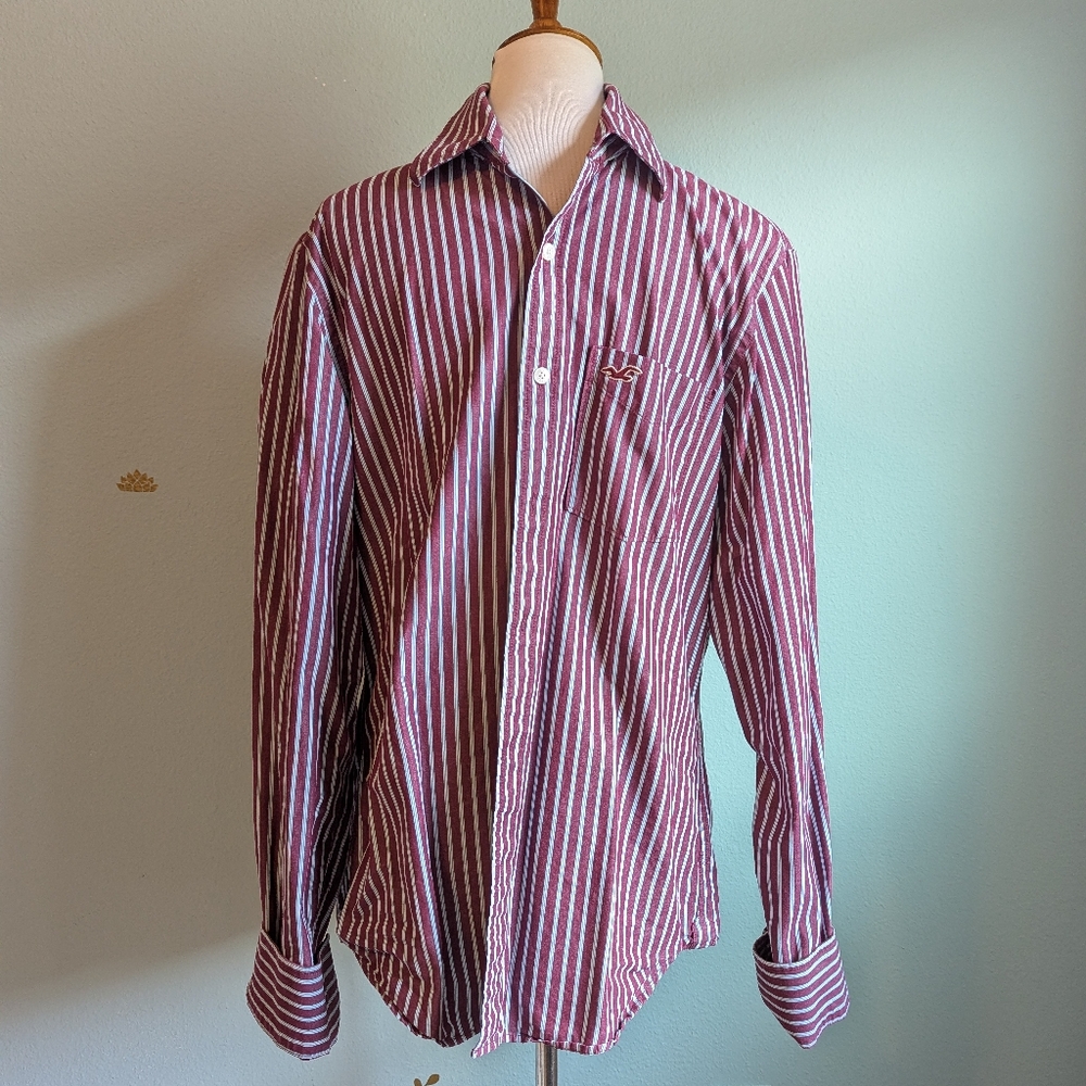 Hollister Maroon Striped Button-Up Shirt